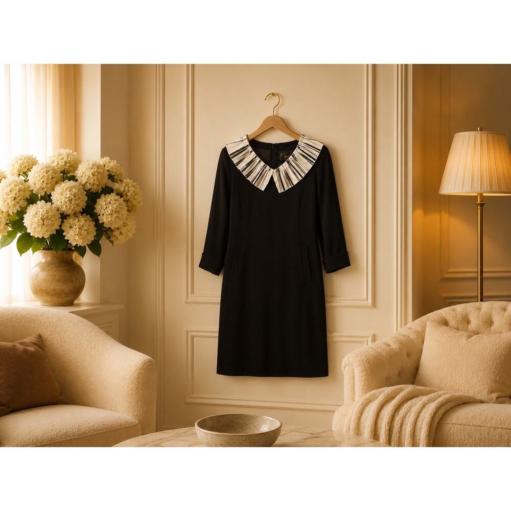 Kai Aakmann Black White Shift Dress M Pleated Collar Pockets Art Chic Dress Chic